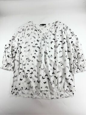 Como Black Woman 3X Butterfly Print Peasant Blouse White Black Shimmer